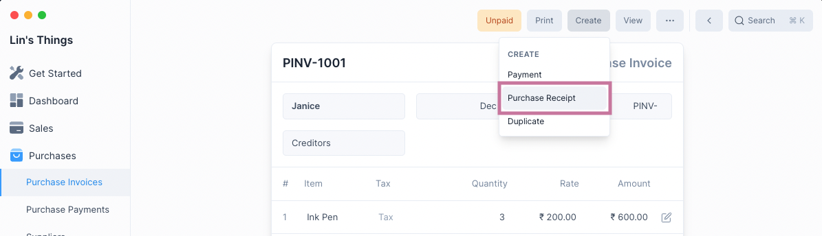 Create Purchase Receipt From a Purchase Invoice