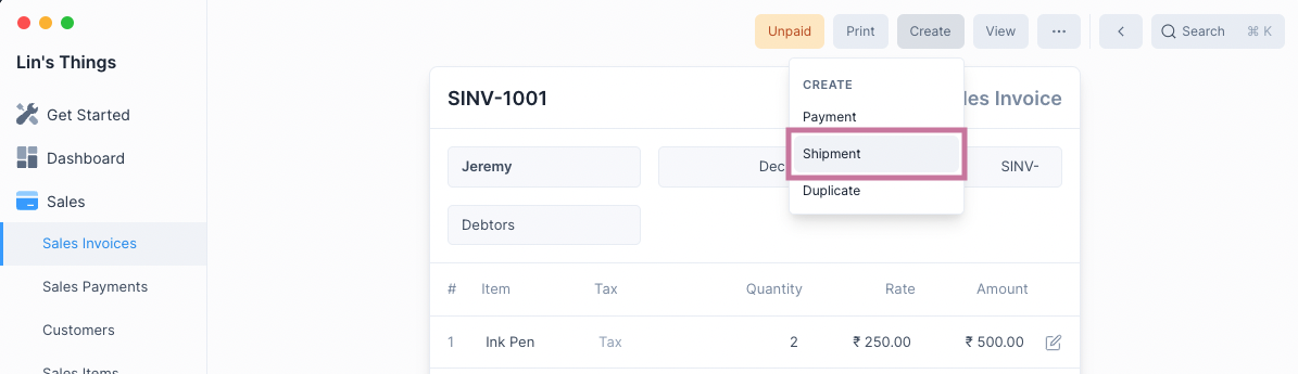 Create Shipment From a Sales Invoice